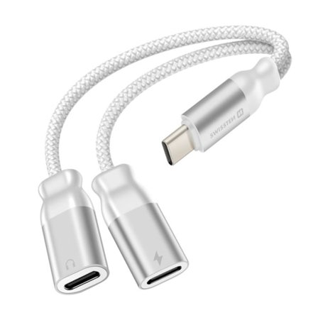 Splitter Audio ja USB-C Lataus 2-in-1 Nylon Kudottu Takkuuntumaton Swissten Valkoinen