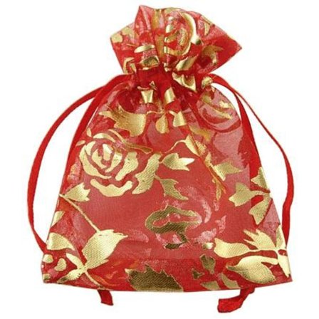 20 st. Organza påsar c.a 7x9 cm..Röda med guldfärgade rosor.