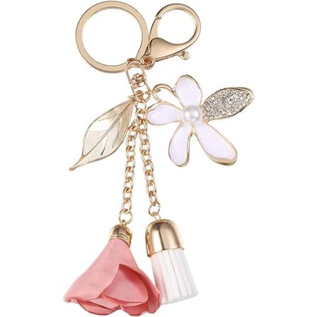 1 st kristallkvast nyckelring med blomsterblad för nycklar, plånbok, P