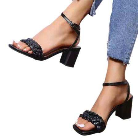 Klackade damsandaler Fyrkantig tå Stickad flätstil Strappy ankelklackar 35 brown