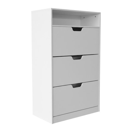 Kallistuva kenkäkaappi säädettävillä lokeroilla ja hyllyllä