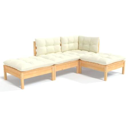 Vidaxl Loungegrupp Med Gräddvita Dynor 4 Delar Massiv Furu Creme