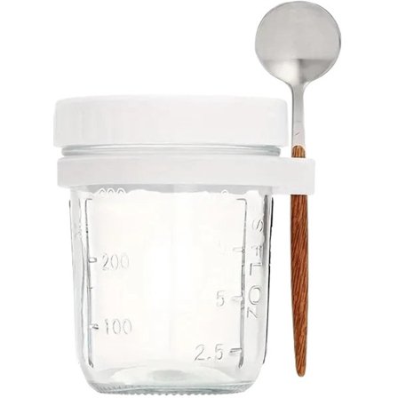 350 ml Havregrynskop til natten over med låg og ske, forseglet madkops morgenmadskop, bærbar kornmælksalat yoghurtkop køkkenredskaber (hvid)