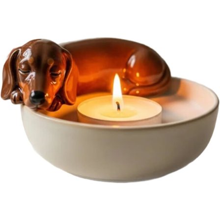 Ljusstakebas, handmålad hundlampshållare, unik handgjord ljusstake i harts för heminredning.