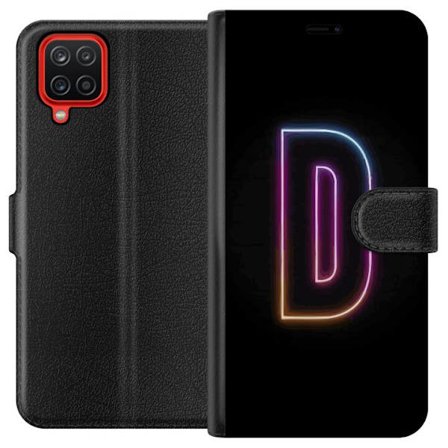 Kompatibel Tegnebogsetui til Samsung Samsung Galaxy A12 Minimalistisk neonbogstav D i farveskiftende lys mod sort baggrund i moderne digital design