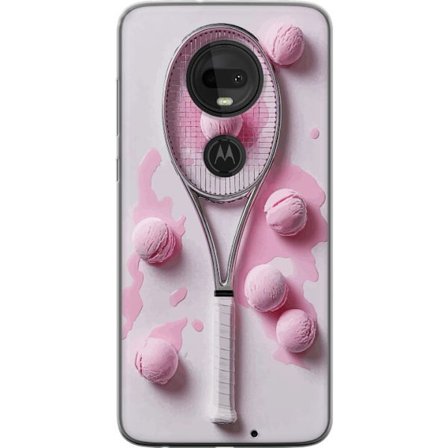 Kompatibel Mobilcover til Motorola Motorola Moto G7 Rosa glaskugler og tennisketsjer i et kreativt stillbillede med legende popfølelse og moderne des