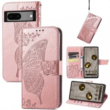 Google Pixel 7A Pung etui PU-Læder 4-KOMPARTMENT Motiv Sommerfugl Pink gold
