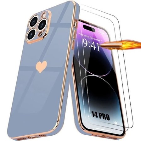 Skal till iPhone 14 Pro - Stötsäker - Silikon TPU - Hjärtmönster - Goldpläterad - 2 Tempererade Glas