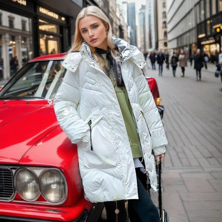 Vinterjakke til damer, skinnende standkrave, vandtæt hætteforet dunjakke, skinnende overflade, må ikke vaskes*XXL*Hvid