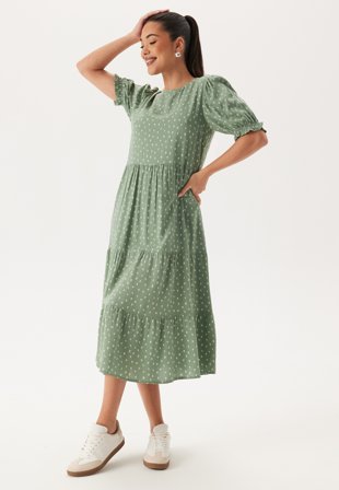 Happy Holly - Puff Sleeve Viscose Midi Dress - Dusty green/Patterned - Kläder - - Bubbleroom