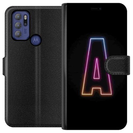 Kompatibel Tegnebogsetui til Motorola Motorola Moto G60S Minimalistisk neonbogstav A i regnbuefarvet lys mod sort baggrund i moderne typografisk stil