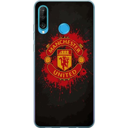 Kompatibelt Mobildeksel til Huawei Huawei P30 lite Manchester United logo i rød og gul farge med røff sportslig bakgrunn