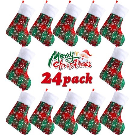 24-pack minijulstrumpor, 9 tum buffelrutiga strumpor med snöflingor, röda och gröna strumpor med plyschmanschetter för julgransprydnader, presentpåsar