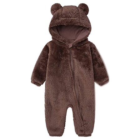 Nyfödd Baby Jumpsuit Fleece Overall med Huva Långärmad Onesie Ytterkläder (brun)