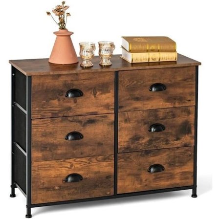 COSTWAY stof kommode med 6 ikke-vævede skuffer, opbevaringsenhed, metalramme, skabe, stue, soveværelse, 80 x 30 x 63 cm