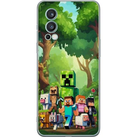 Kompatibel Mobilcover til OnePlus Nord 2 5G Klodset pixeleret spilverden med grønne figurer og dyr i frodig skovmiljø