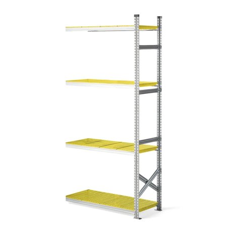 Reol påbyggseksjon med gule plasthyller, 2500x1200x500 mm