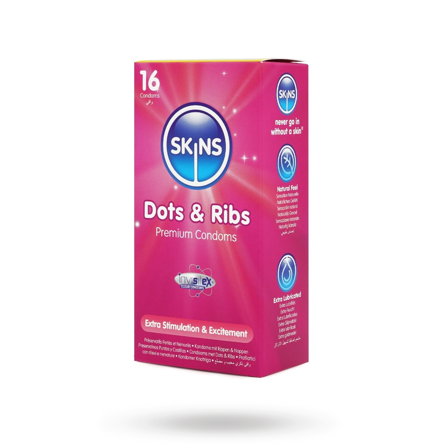 Skins Dots & Ribs Kondomer 16-pack - Vuxen.se - Kondom med textur, knottrig kondom