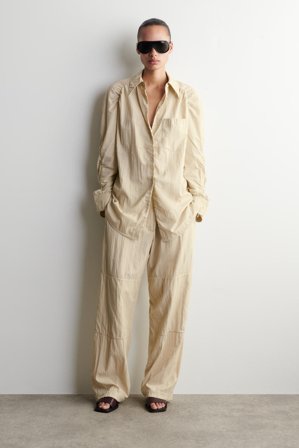 COS Women's Handmade Crinkled Silk Straight Leg Trousers in Beige
