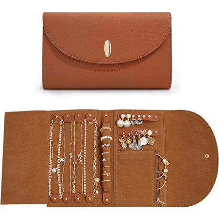 Reise Smykkeorganisatorveske Lær Smykke Rull Reise Oppbevaringsveske for Ørepynt, Ringer, Halskjeder, Armbånd (Brun)