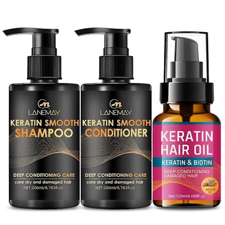 Keratin Schampo och Balsam Set, Schampo & Balsam & Hårolja Set för Näring & Återfuktning för Torrt Skadat Lockigt Rakt eller Färgbehandlat Hår