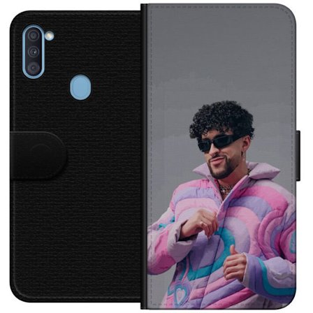 Kompatibel Tegnebogsetui til Samsung Galaxy A11 Farverig illustration af et trist hjerte på stranden med palmer, delfiner og solnedgang i retrosk kuns