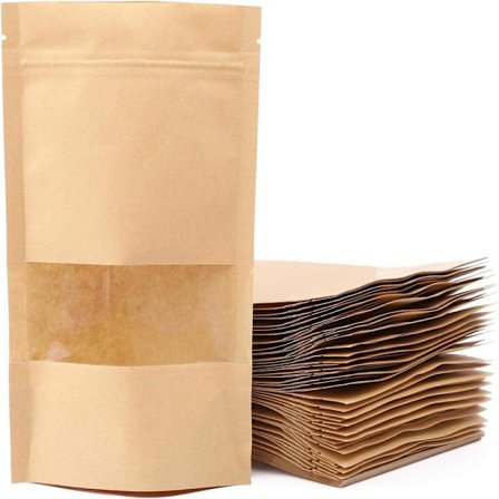 100 kraftpapirposer med vindu, stående poser med glidelås, brukes til