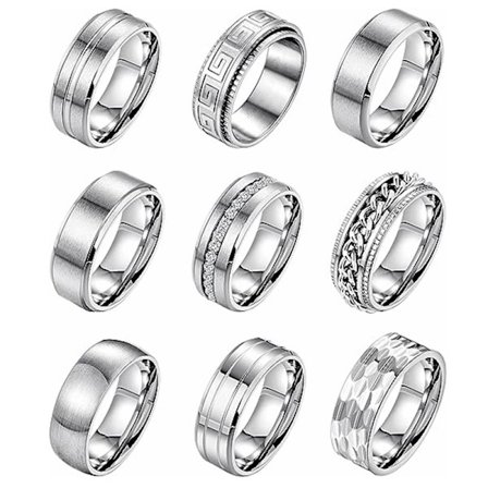 9-delad set 8mm titanstål herr- och damring enkel borstad bröllops- och förlovningsringsset silver 9-delad set storlek 12