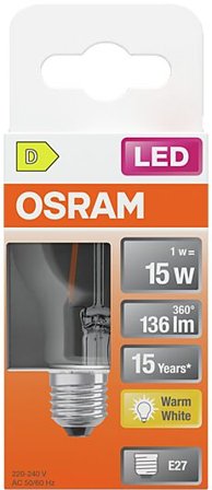 OSRAM Led Lyspære E27 Classic P15 136lm klar Varmhvit