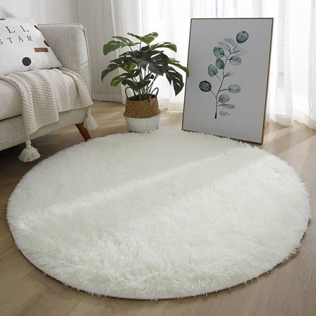 Rund matta, modern fluffig matta, sovrumsmatta, bekväm mjuk halkfri fluffig golvmatta, fluffig matta, vit, 60 cm/24 tum