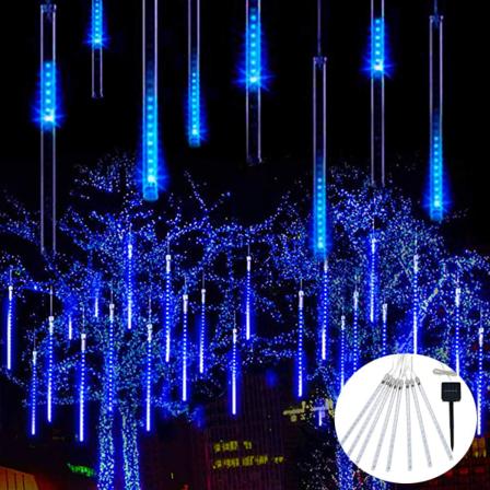 Solcelled Meteorskurre Regnlys, 30cm 8 Rør 144 LED Blå