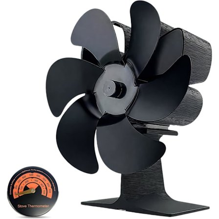 6-bladet brændeovnsventilator, egnet til pejse og pilleovne; fungerer uden elektricitet og giver mulighed for præcis temperaturkontrol.