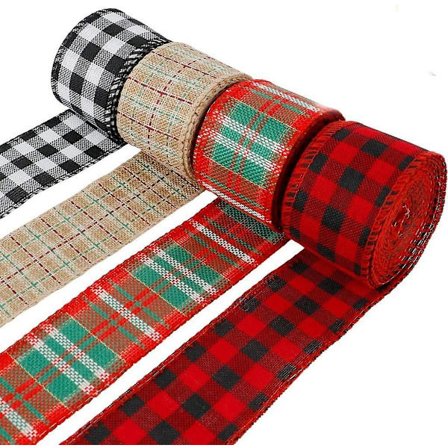 Jul rutigt band säckväv band DIY julpyssel dekoration 4 rullar