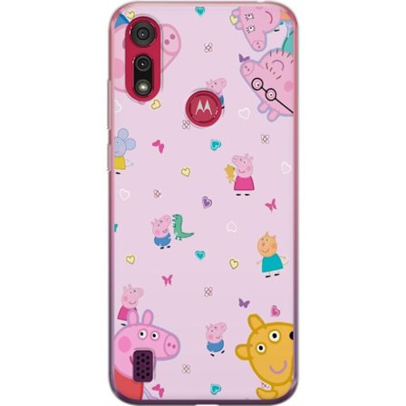 Kompatibelt Mobildeksel til Motorola Moto E6s (2020) Peppa Gris med en baby i armene, mamma gris motiv i fargerik og myk barneillustrasjon med hjerter
