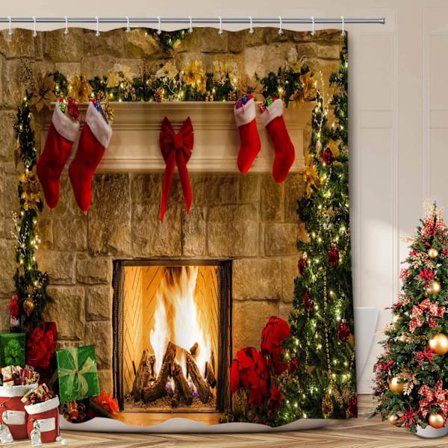 Stoff julegardin for dusj, røde julegardiner for bad, vinterferie julebaddekor, juletre peismønster