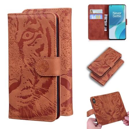 Oneplus 9 Pro - Tiger Tryck Läder Fodral - Brun Brown Brun