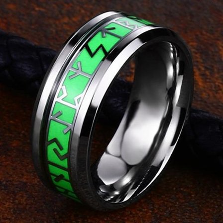 Ring - Nordic Mythology - Runes steel / Green