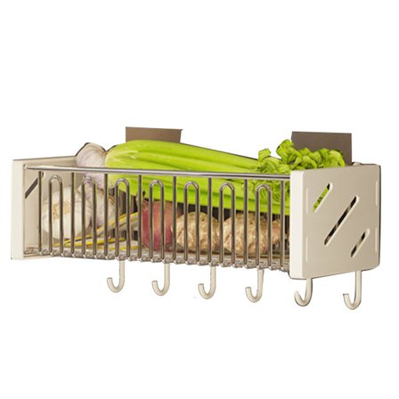 Vægmonteret køkkenhylde multifunktionel dræningskurv til grøntsager og krydderier med 6 kroge