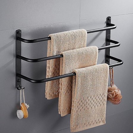 Rustfritt Stål Håndkleholder 3-lags Ingen Boring Håndkleholder for Bad Kjøkken Toalett Svart