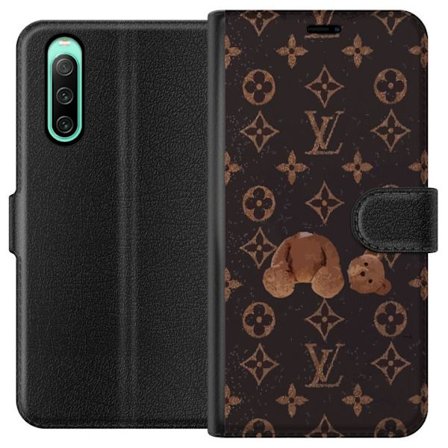 Kompatibel Tegnebogsetui til Sony Sony Xperia 10 IV Luksuriøst monogrammønster med knust bamse i mørk modeæstetik