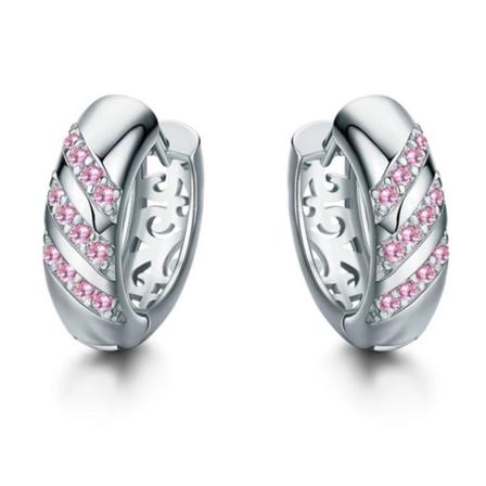 Silver Hoop Örhängen Med Ljus Rosa Cz Kristaller & Fint Mönster Silver
