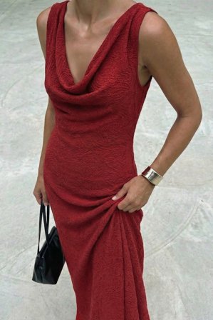 NA-KD Robe longue à décolleté cascade - Robe jersey - Rouge - M