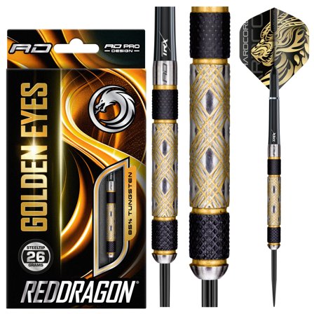 Red Dragon Darts Golden Eyes Steel Tip Darts 22-32g - Pro Tungsten Darts Flights - Gold Black Silver - Professional Darts Set