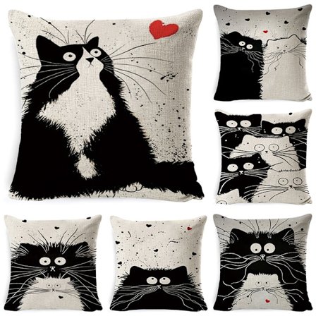 Set med 6 kuddfodral, polyester och linne söta katter dekorativa