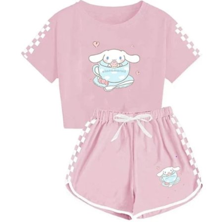 5-14 År Jenter Cinnamoroll Treningsdress Søt Tegneserie Anime Kort Ermet T-skjorte + Shorts Sett Casual Sportsklær Klær[HK] Rosa