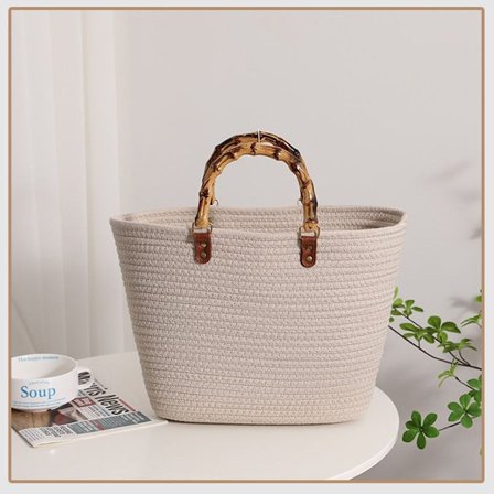 Vevd stor tote-veske, bambushåndtak, håndvevd