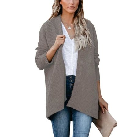 Dam tröja enfärgad stickad kofta med ficka medellång öppen framtill lång