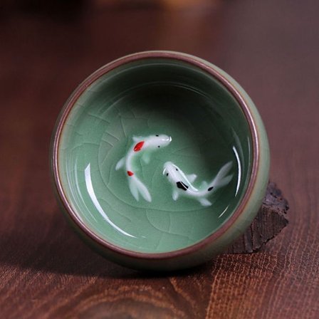 Longquan Celadon Porslinstekoppar Golden Fish Tea Cup Bowl B B