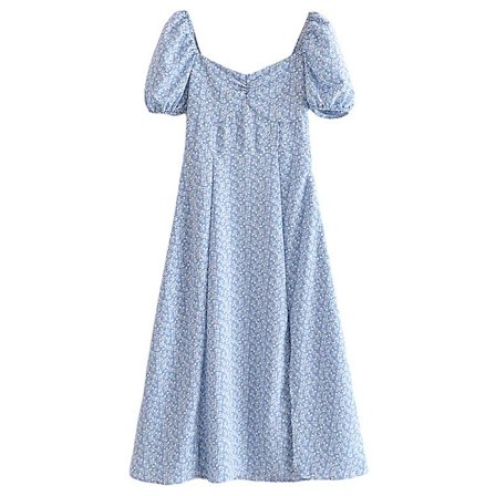 Fyrkantig Hals Kortärmad Blommig Klänning med Slits Lång Kjol