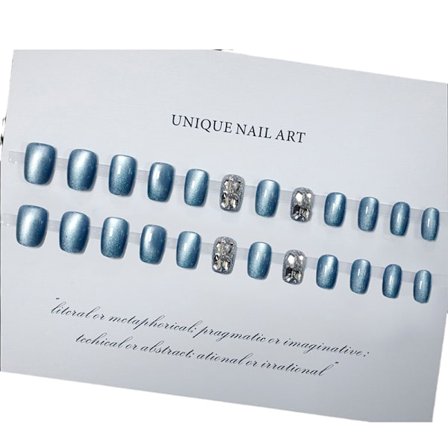 Blå kattögon korta nagellappar med strass - 24 stycken